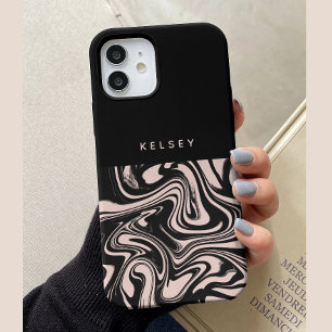 Coque Pour iPhone 15 Tourbillons Rétro Noir et Crème Personnalisé