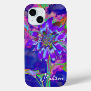 Coque Pour iPhone 15 Tournesol bleu Abstrait retro funky