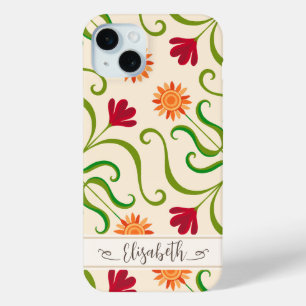 Coque iPhone 15 Mini Tournesol en Damas fleuri coloré Motif mignon folk