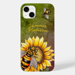 Coque Pour iPhone 14 Plus Tournesol vintage et abeilles Nom vert rustique