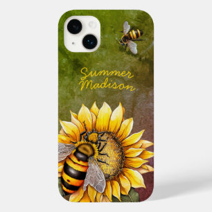 Coque Pour iPhone 14 Plus Tournesol vintage et abeilles Nom vert rustique
