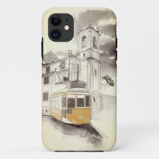 Case-Mate iPhone Case Tramway jaune en noir et blanc paysage aquarelle