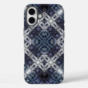 Coques iPhone 16 Plus Treillis géométrique bleu et blanc lumineux