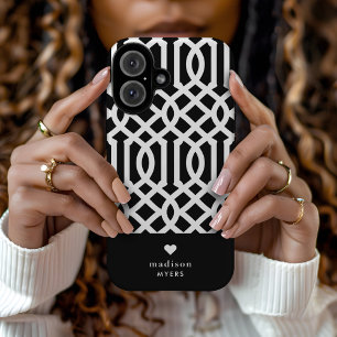 Coques iPhone 16 Trellis Cœur Monogramme Noir et Blanc