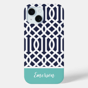 Coque Pour iPhone 15 Trellis de monogramme Navy et Aqua