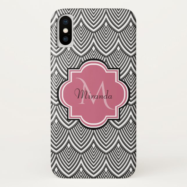 Coques Case-Mate iPhone Trendy Black Arched Scallops Pink Monogramme Nom (Dos)