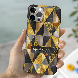 Coque Pour iPhone 15 Triangles géométriques élégants or noir argent