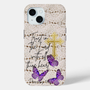 Coque Pour iPhone 15 Tricot Chic de Foi Croix Dorée Papillon Violet