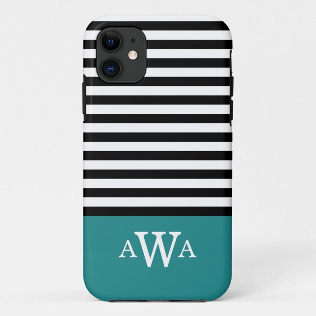 Coques Case-Mate iPhone Triple Lettre Monogramme Turquoise noir blanc rayu (Dos)