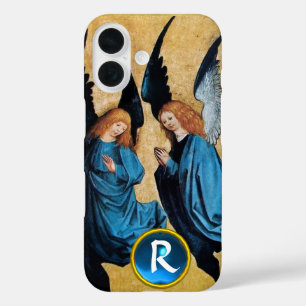 COQUES iPhone 16  TROIS ANGELS DE NOËL EN GÉME BLEU MONOGRAMME