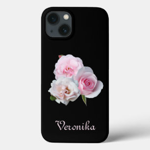 iPhone 13 Coque Trois roses roses. Ajoutez le texte