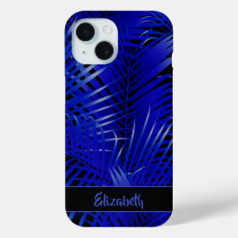 Coque Pour iPhone 15 Tropical Blue Palm Fronds sur Black Personnalisé