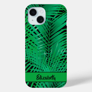 Coque Pour iPhone 15 Tropical Palm Fronds sur Black Nom personnalisé