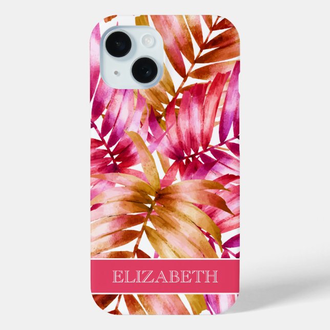 Coques Case-Mate iPhone Tropical Pink Gold Palm Fronds Nom personnalisé (Verso)