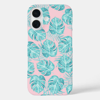 Coques iPhone 16 Tropical rose turquoise aquarelle monster laisser 