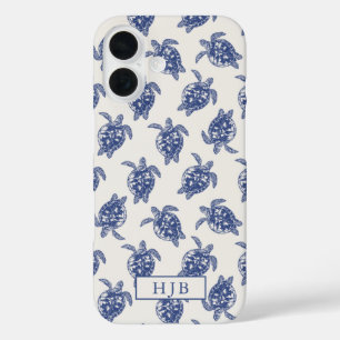 Coques iPhone 16 Tropical Sea Turtle Blue Sketch Monogramme iPhone 