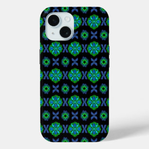 Coque Pour iPhone 15 Tulipes Artdeco dans le style rétro vert bleu noir