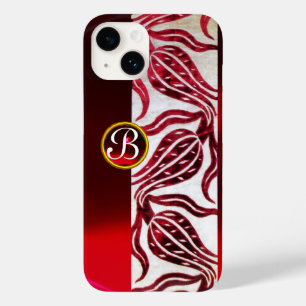 Coques Pour iPhone TULIPES EN VELOURS ROUGE DAMAS MONOGRAMME Bordeaux