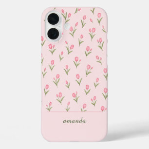 Coques iPhone 16 Plus Tulipes roses personnalisées avec nom