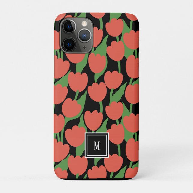 Coques Case-Mate iPhone Tulipes rouges rétro, monogramme personnalisé (Dos)