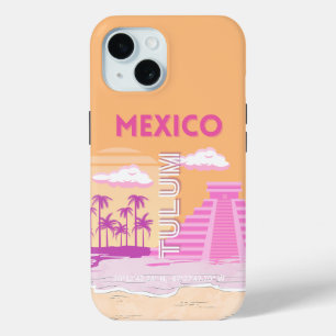 Coque Pour iPhone 15 Tulum, Art Voyage, Art Rétro, Rose, Orange