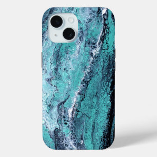 Coque Pour iPhone 15 Turquoise & Black Marble Abstrait 