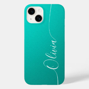 Coque Pour iPhone 14 Turquoise Blanc Élégant Calligraphie Nom du script