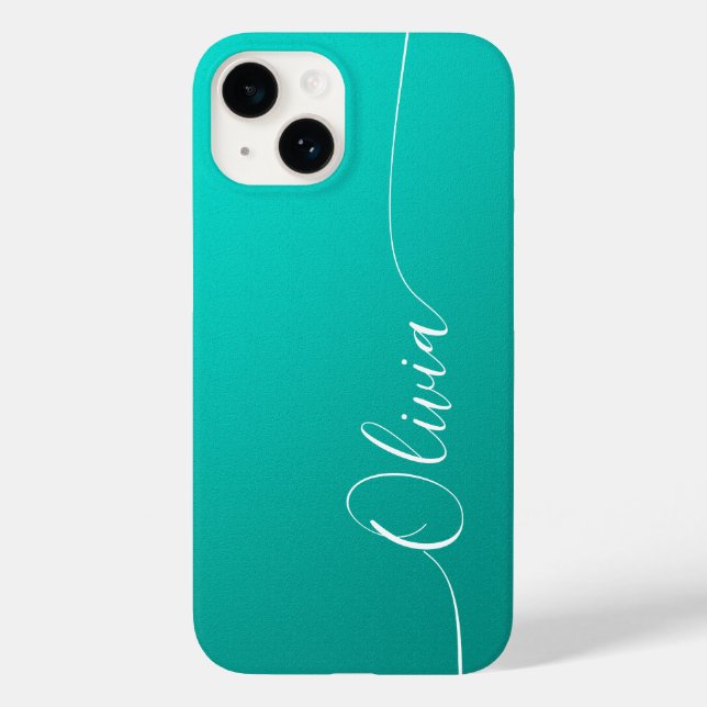 Coques Case-Mate iPhone Turquoise Blanc Élégant Calligraphie Nom du script (Verso)