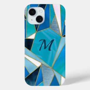 Coque Pour iPhone 15 Turquoise bleu aqua géométrique abstrait