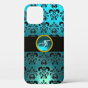 Case-Mate iPhone CASE TURQUOISE BLEU BLACK DAMASK GEM STONE MONOGRAM