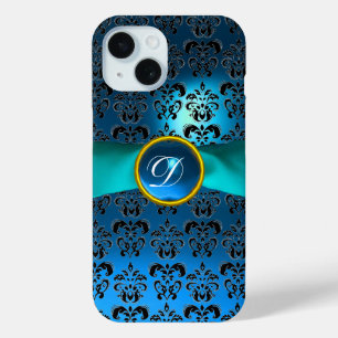 COQUE POUR iPhone 15 TURQUOISE BLEU BLACK DAMASK MONOGRAM DE PIERRE