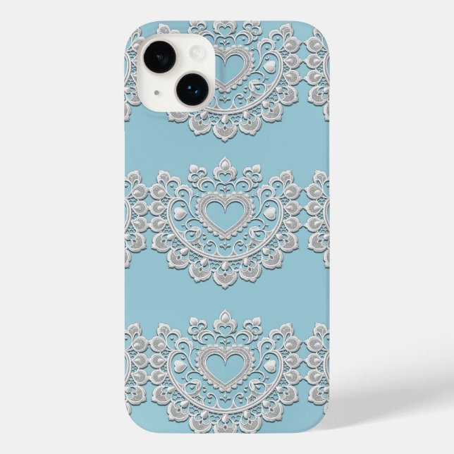 Coques Case-Mate iPhone Turquoise Bleu Blanc dentelle Coeur Mariage (Verso)