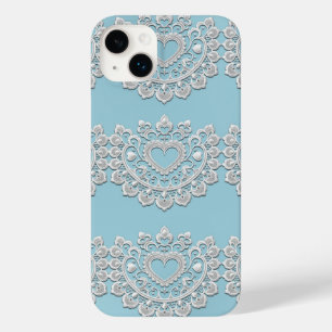 Coque Pour iPhone 14 Plus Turquoise Bleu Blanc Dentelle Cœur Mariage Nuptial