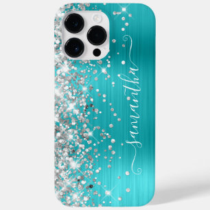 Coque Pour Pour iPhone 14 Pro Max Turquoise Bleu Pailleté Argent Signature Féminin