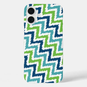 Coques iPhone 16 Plus Turquoise bleu vert diagonal Zigzag Ikat Motif