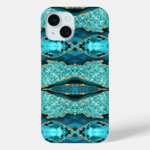 Coque Pour iPhone 15 Turquoise Blue Gold Parties scintillant Turquoise
