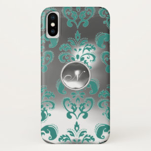COQUES POUR iPhone TURQUOISE BLUE GRAY BLANC DAMASK GEM MONOGRAM