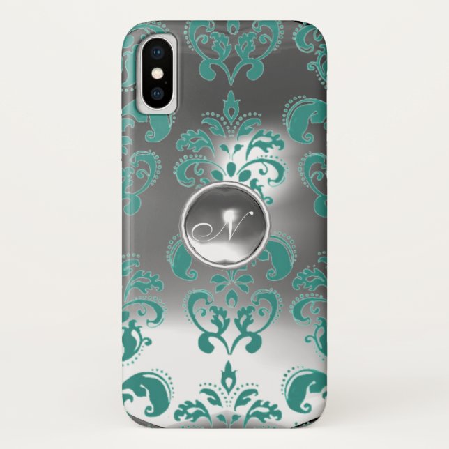 COQUES Case-Mate iPhone TURQUOISE BLUE GRAY BLANC DAMASK GEM MONOGRAM (Dos)