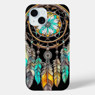 Coque Pour iPhone 15 Turquoise Dreamcatcher Mystical Boho Feathers and 
