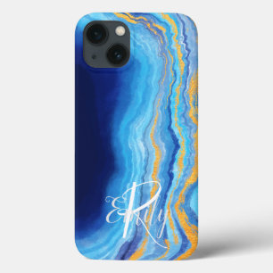 Case-Mate iPhone Case Turquoise et bleu Agate Marbre Nom Abstrait Monogr
