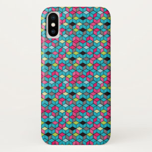 Coque iPhone X Turquoise et motif rose de cube