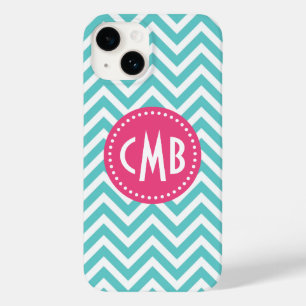 Coque Pour iPhone 14 Turquoise et rose moderne Chevron Monogramme
