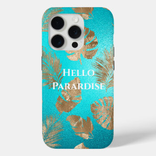 Coque iPhone 15 Pro Turquoise Gold Tropical Feuille