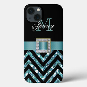 ETUI iPhone 13 TURQUOISE NOIR CHEVRON PARTIES SCINTILLANT FILLE
