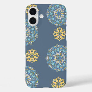 Coques iPhone 16 Plus Turquoise Turquoise bleu et jaune Mandala Art Moti