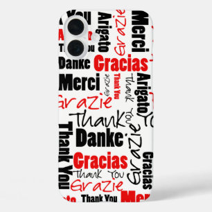 Coques iPhone 16 Plus Typographie du Merci multilingue noir et rouge