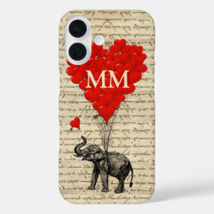 Coques iPhone 16 Un éléphant et un coeur romantiques monogrammes
