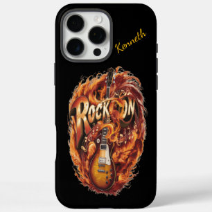 Coques iPhone 16 Pro Max Une guitare ardente entourée de notes musicales