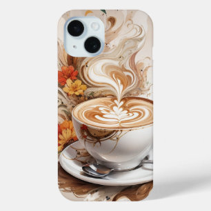 Coque Pour iPhone 15 Une tasse de cappuccino avec fond de fleurs