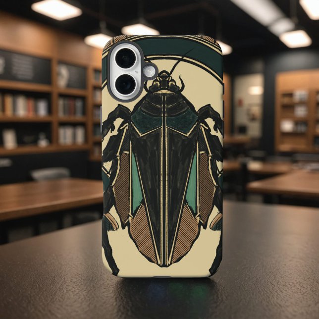 Coques Case-Mate iPhone Unique Main Tirée Cockroach Bold Déco Brown Turquo (Hand-drawn cockroach phone case in art deco style, brown and teal on a vintage parchment background)